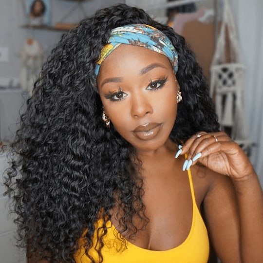  Water Wave Glueless Human Hair Wigs Headband Wig With Pre-attached Scarf Natural Color 180% Density