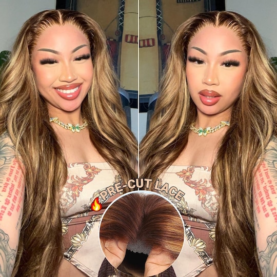 7x5 Bye Bye Knots Wig Put on and Go Glueless Lace Body Wave Honey Blonde Highlight Wigs with Invisible Knots