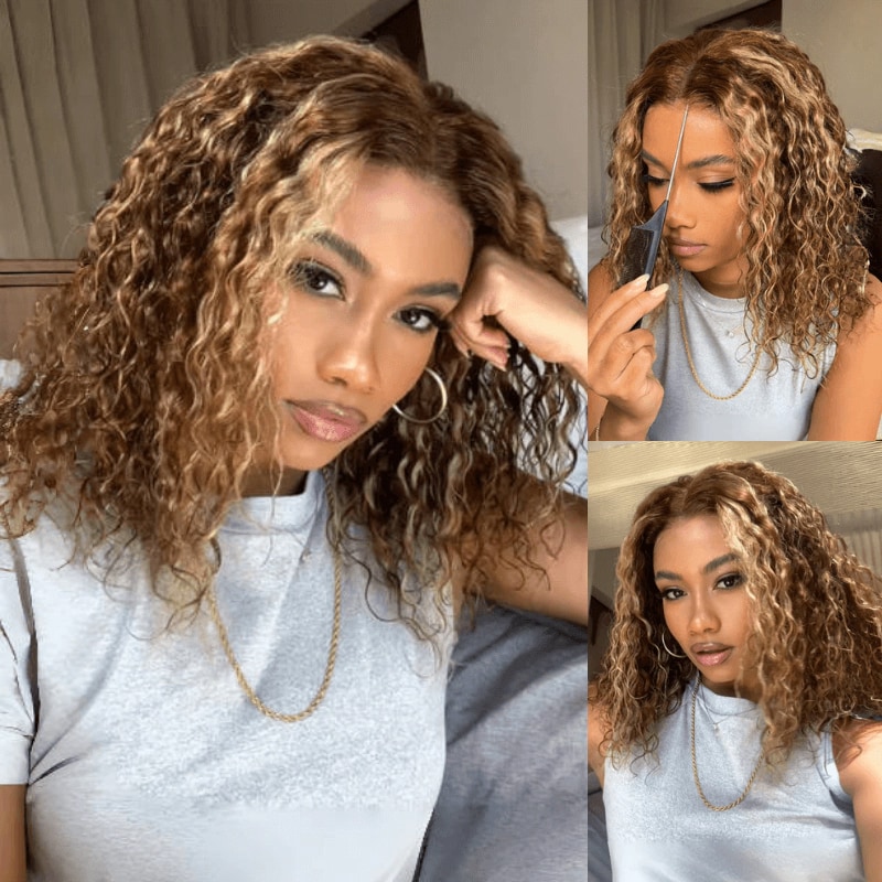 Highlight Blonde 7x5 Bye Bye Knots Water Wave Bob Wig Put On And Go Pre Cut Lace Wigs with Pre-Bleached Knots