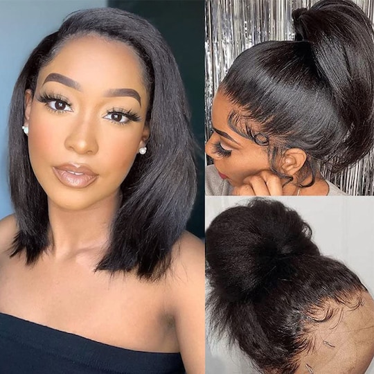  13x4 Pre-Everything Frontal Wig Pre Cut Lace Put on and Go Glueless Yaki Straight Blunt Cut Bob Wigs