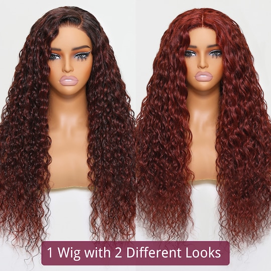  Ombre Black Cherry & Reddish Brown Double Wear Wig Water Wave Flip & Go Fast Transformation 100% Human Hair