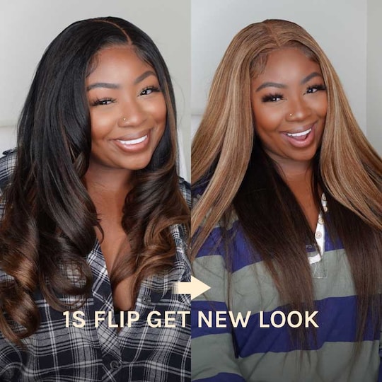  Double Wear Wig Ombre Chestnut Brown&Honey Blonde Yaki Straight Wig Flip & Go Fast Transformation 100% Human Hair