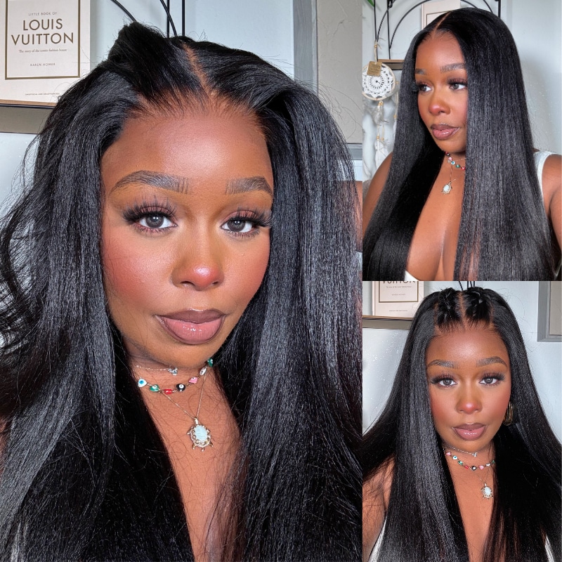 Beautyforever Put on and Go Glueless Lace Wig Yaki Straight 7x5 Bye Bye Knots Human Hair Wig with Pre-Plucked Natural Hairline