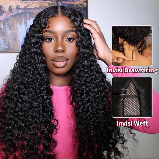  EasiContour V Part Jerry Curly Wig Glueless Natural Black Soft 100% Unprocessed Human Hair Wigs