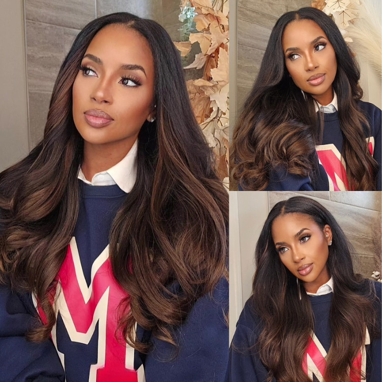  V-Part Yaki Straight Chestnut Brown Ombre Wig Real Scalp Put on and Go Glueless Human Hair Wig