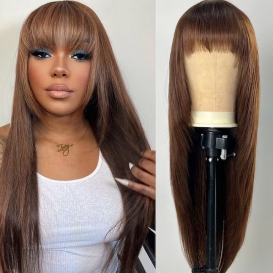  Glueless Mocha Brown Straight Bangs Wig With Breathable Cap Machine Made Human Hair Wigs