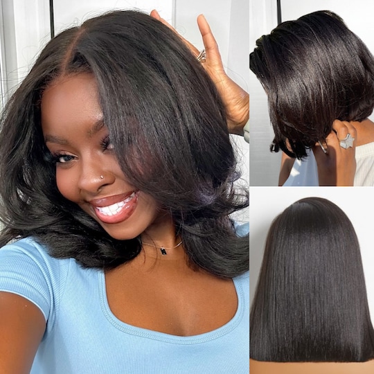 7x5 Bye Bye Knots Put on and Go Glueless Lace Wig Yaki Straight Bob Wigs with Bleached Tiny Knots