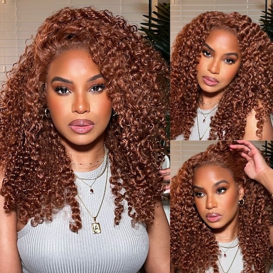  Put on and Go Reddish Brown 33B Auburn Pre Cut Lace Glueless Curly Human Hair Wigs