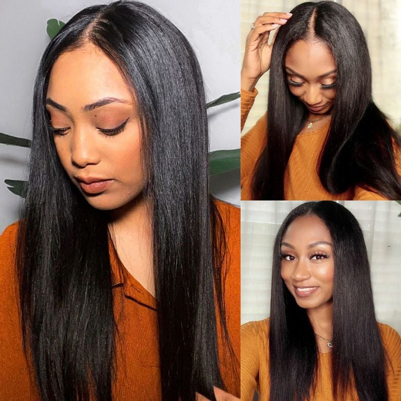  EasiContour V Part Yaki Straight Wig Real Scalp Put on and Go Glueless Human Hair Wig