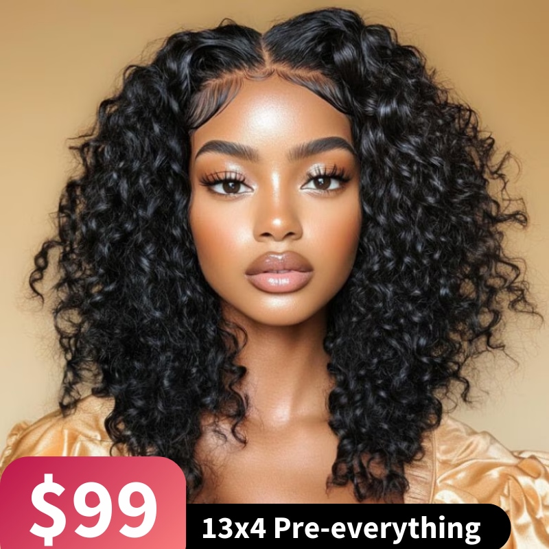  13x4 Pre-Eveyrthing Lace Frontal Wig Summertime Side Part Short Bob Jerry Curly Wig