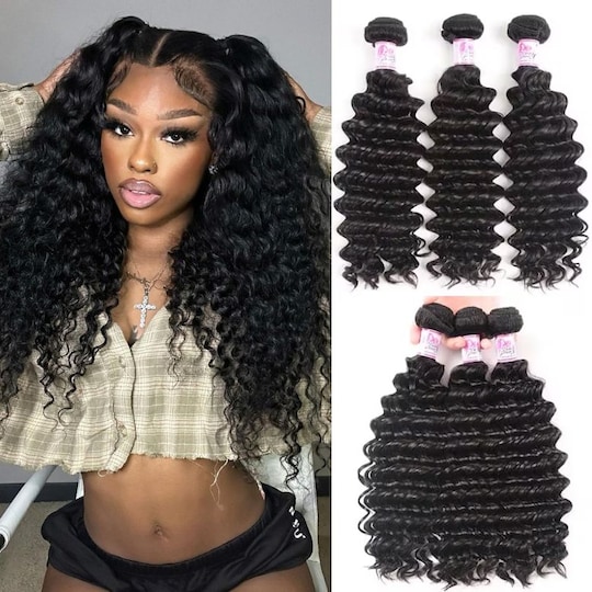  Indian Virgin Deep Wave Hair Weave 3 Bundles Deals Human Hair