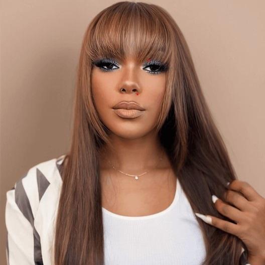 Low to $69 | Mocha Medium Brown Layer Cut Glueless Beginner Friendly Straight Wig With Bangs Member Exclusive