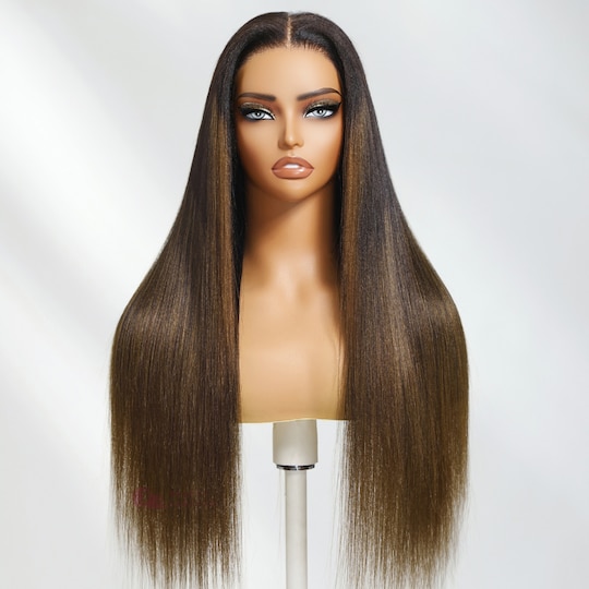 Chestnut Brown Ombre Yaki Straight Put On and Go Wig 7x5 Bye Bye Knots Lace Closure Glueless Human Hair Wigs with Invisi Drawstring