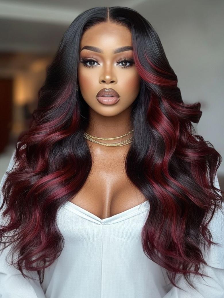 Beautyforever Black Burgundy Highlights Bleached Bye Bye Knots Loose wave