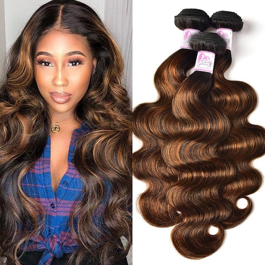  Brown Balayage Peruvian Hair Weave #FB30 Body Wave 3 Bundle Deals 