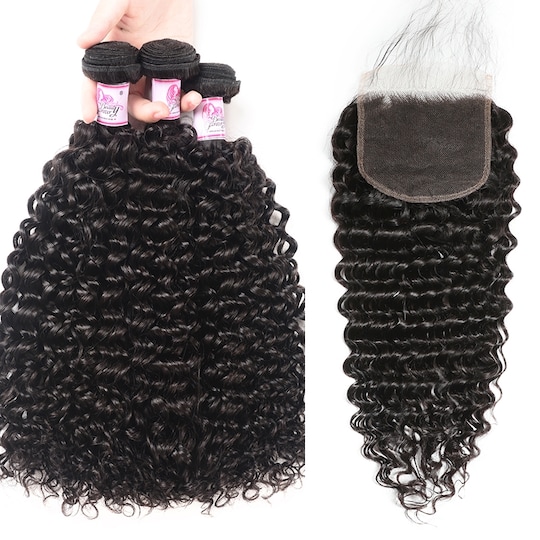  Invisible 5x5 HD Lace Closure With 3 Bundles Deep Wave Sew In