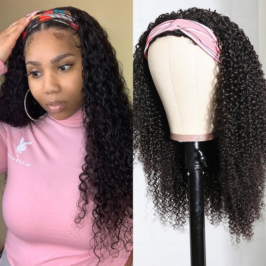  Kinky Curly Half Wigs Glueless Human Hair Half Wig Natural Color Gift Headband