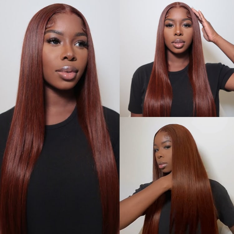 Beautyforever Reddish Brown Human Hair Lace Front Wig Straight Hair Butterfly Haircut Colored Wigs