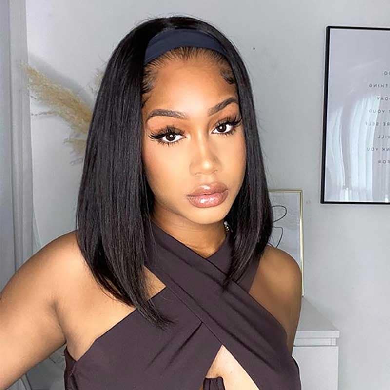 Beautyforever Short Bob Wigs Straight Hair Headband Wig Human Hair Natural Color 150 Dansity
