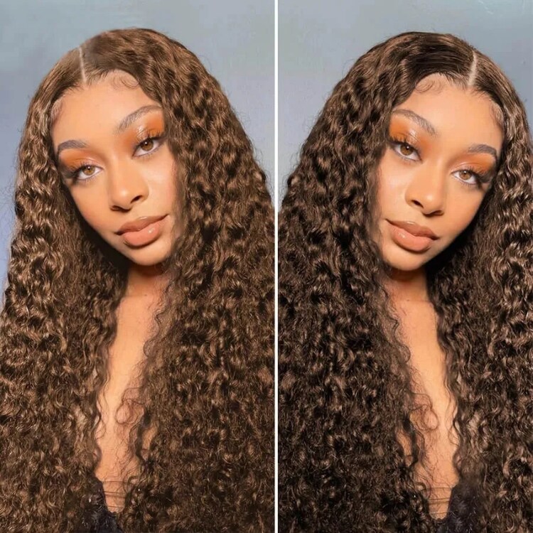 Beautyforever Top Quality Dark Brown Human Hair T Part Wig Water Wave Curly Hairstyle