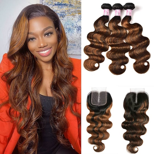  Ombre Highlights Body Wave Human Hair 3 Bundles With Lace Closure