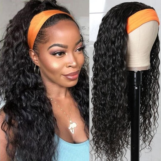  60% Off Headband Wig Water Wave Glueless Human Hair Wigs With Pre-attached Scarf Natural Color 200% Density