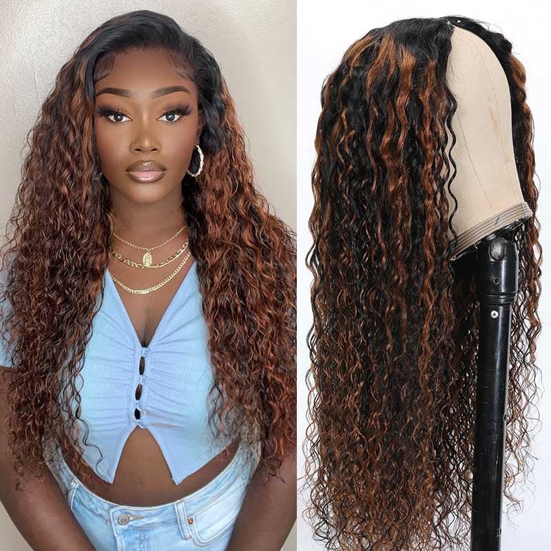 Beautyforever Most Natural V Part Wig Ombre highlights Color Water Wave Human Hair Wigs 150 Density Middle Part Glueless Wigs